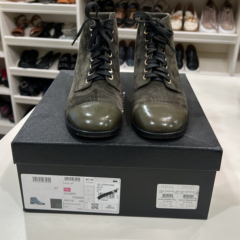 Women’s Chanel  Olive Green  Suede Booties w/ Patent Leather Toe. Size 37